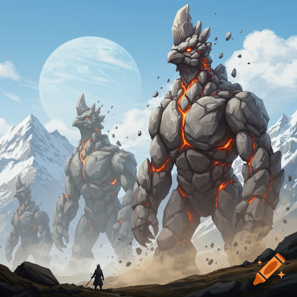 Giant glowing rock monsters with bird-like heads tower over a small figure in a snowy mountain landscape under a large moon, digital art.