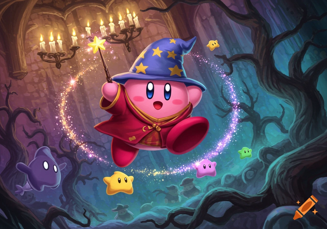 Kirby, dressed as a wizard in a red robe and blue hat, floats and casts magic with a star wand in a dark, enchanted castle-like forest.