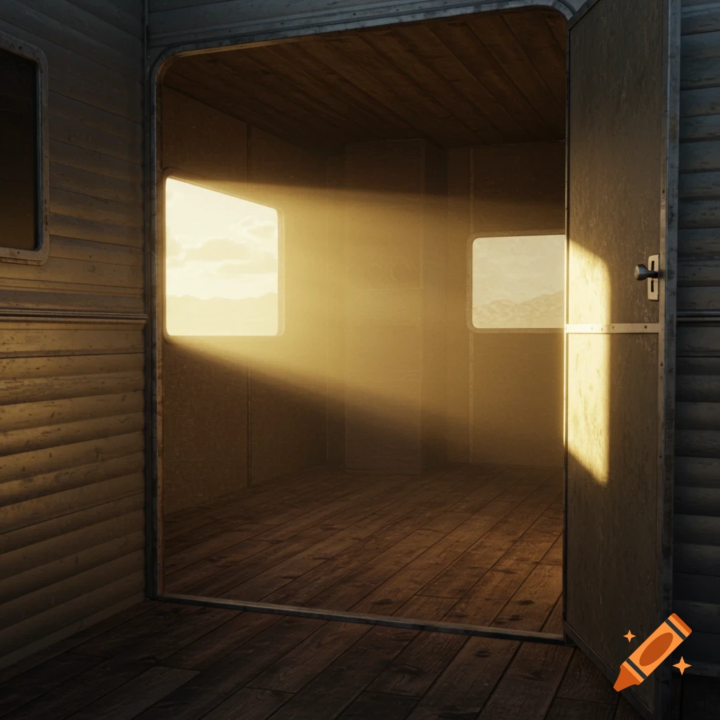 Interior view of an empty trailer with wooden floors and a metal door. Bright sunlight streams through side windows, creating a dusty, ethereal glow.