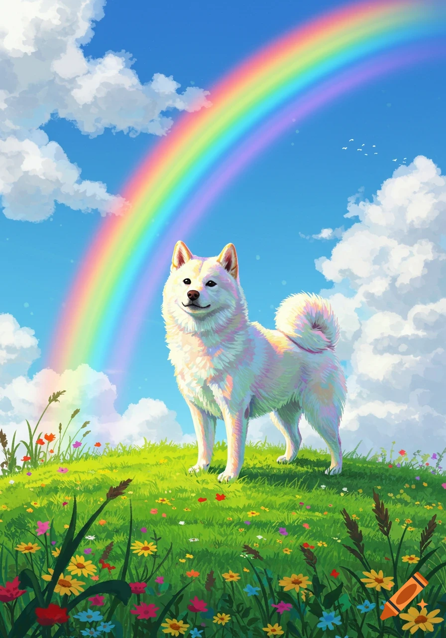 A vibrant illustration of a white Shiba Inu standing in a lush green field with colorful wildflowers, under a blue sky with clouds and a large rainbow.