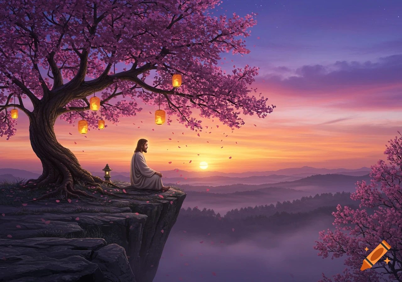 Jesus meditates on a cliff under a glowing cherry blossom tree at sunset, overlooking misty mountains in a vibrant digital painting.