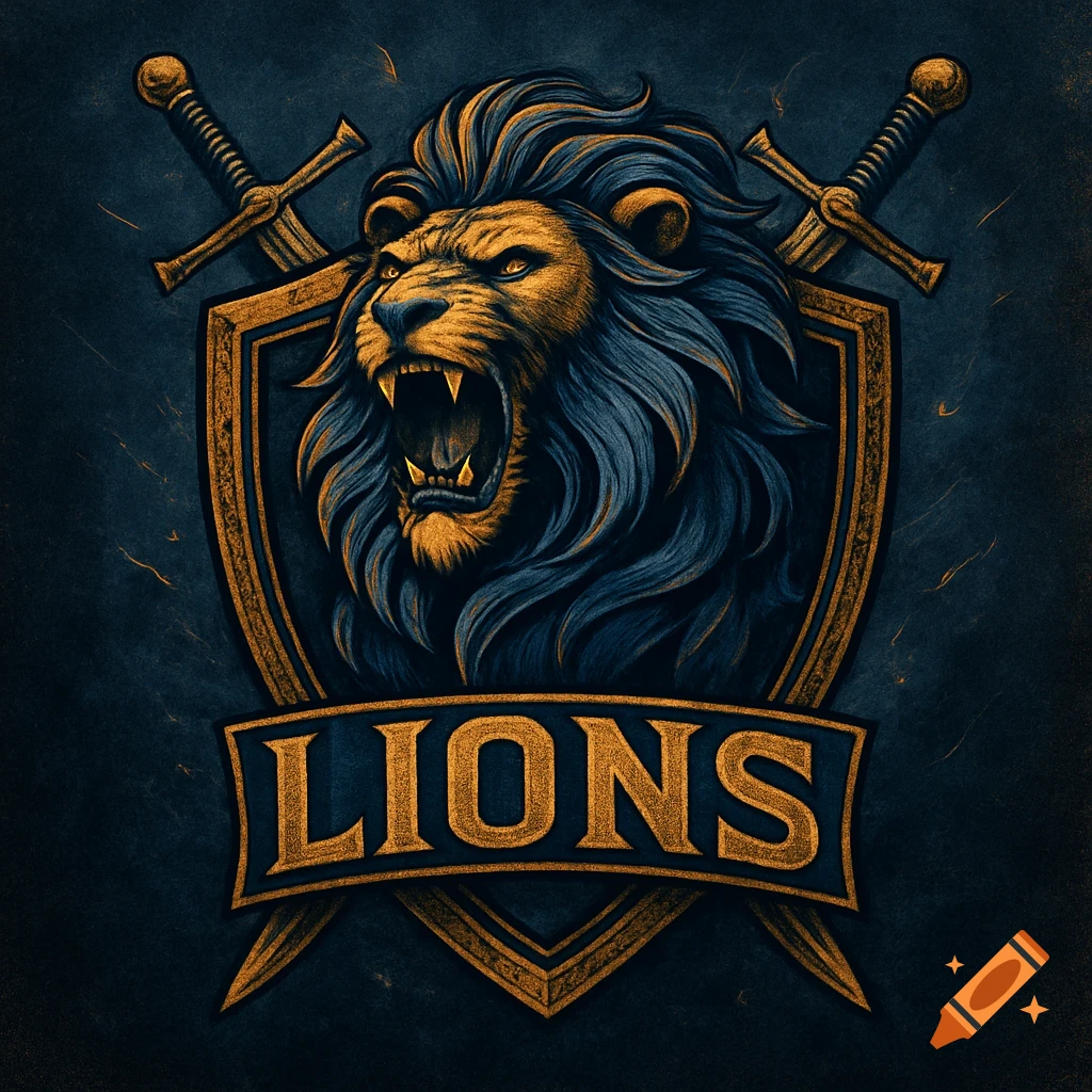 Digital art of a roaring golden and blue lion's head on a shield with crossed swords, featuring the word 'LIONS' below.