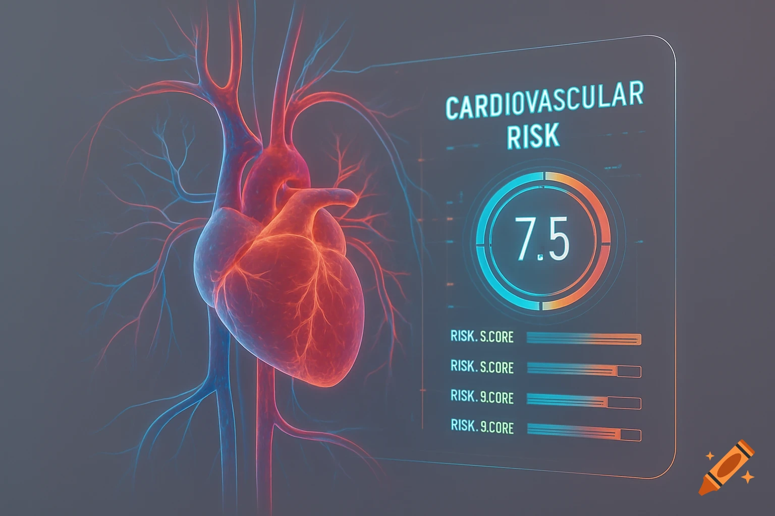 A glowing red and blue human heart with blood vessels next to a futuristic holographic display showing 'CARDIOVASCULAR RISK' and a score of '7.5'.