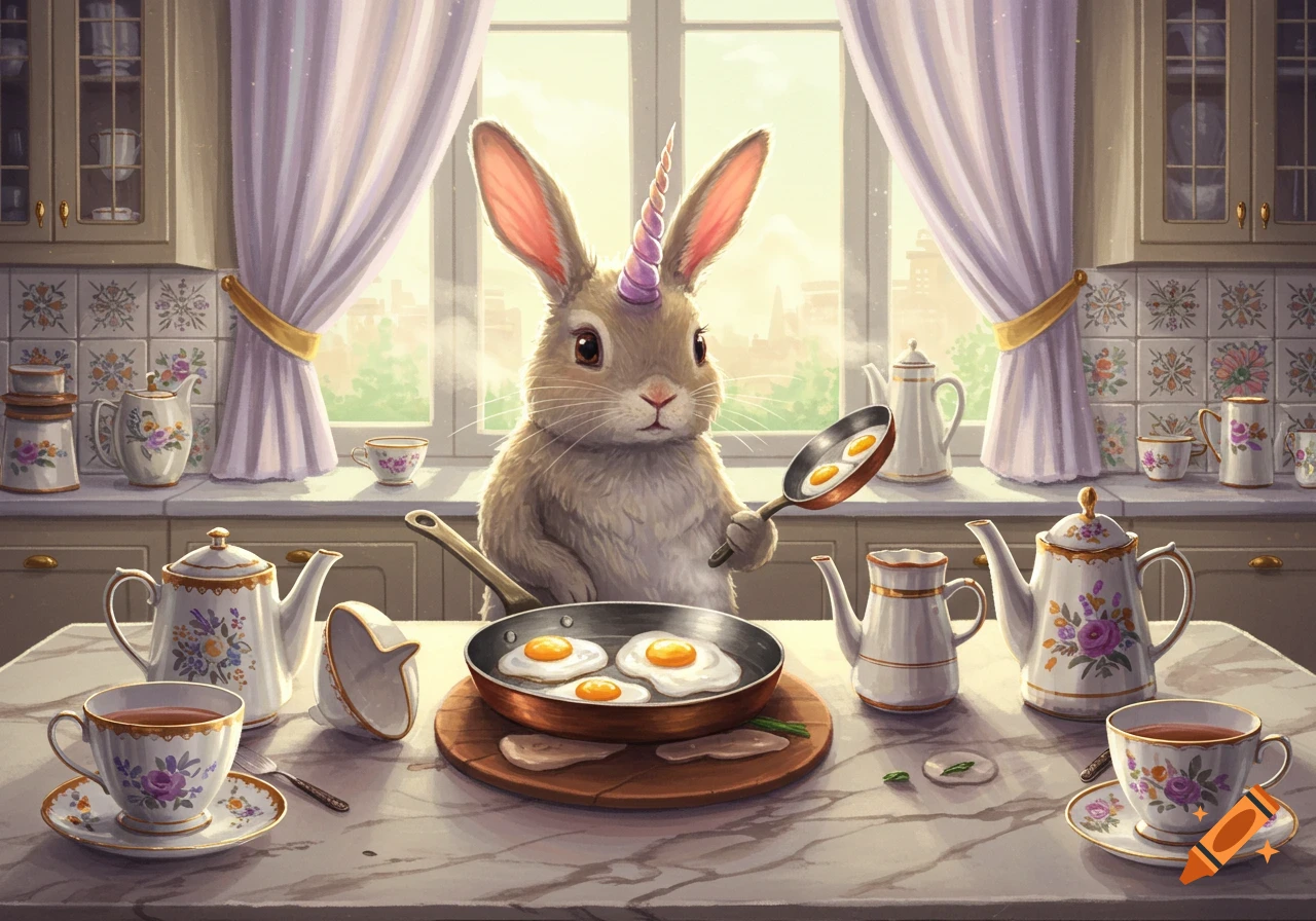 A whimsical unicorn bunny cooking fried eggs in a fancy kitchen filled with teacups and teapots.