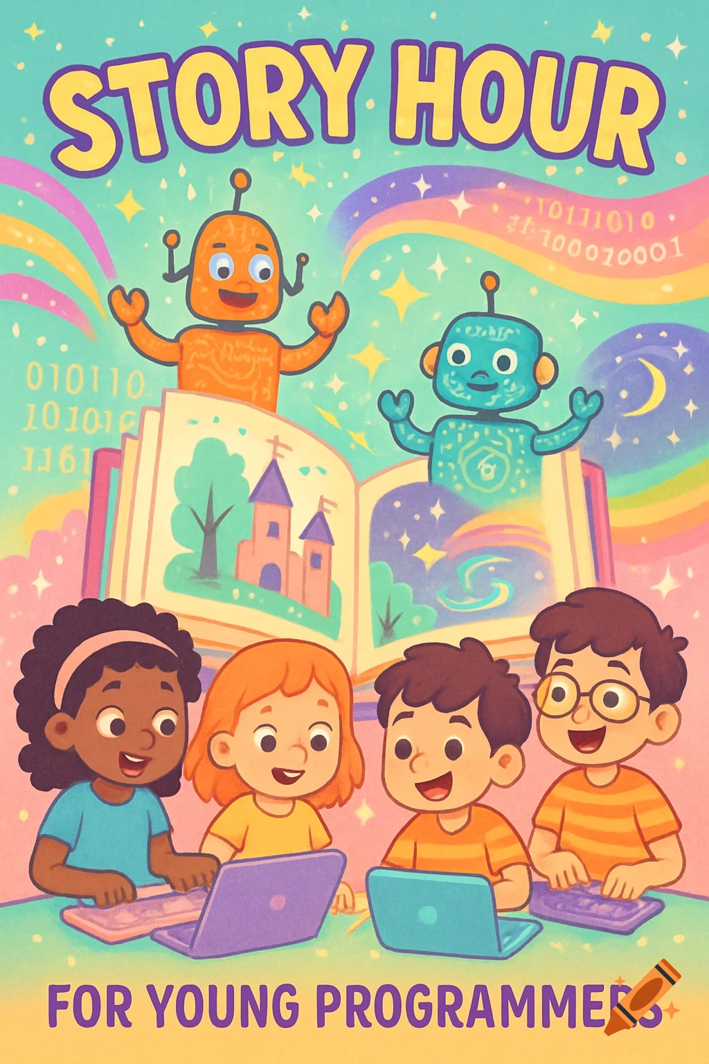 A colorful cartoon poster for "Story Hour for Young Programmers" featuring happy children, robots, an open storybook with castles, and binary code in a whimsical style.