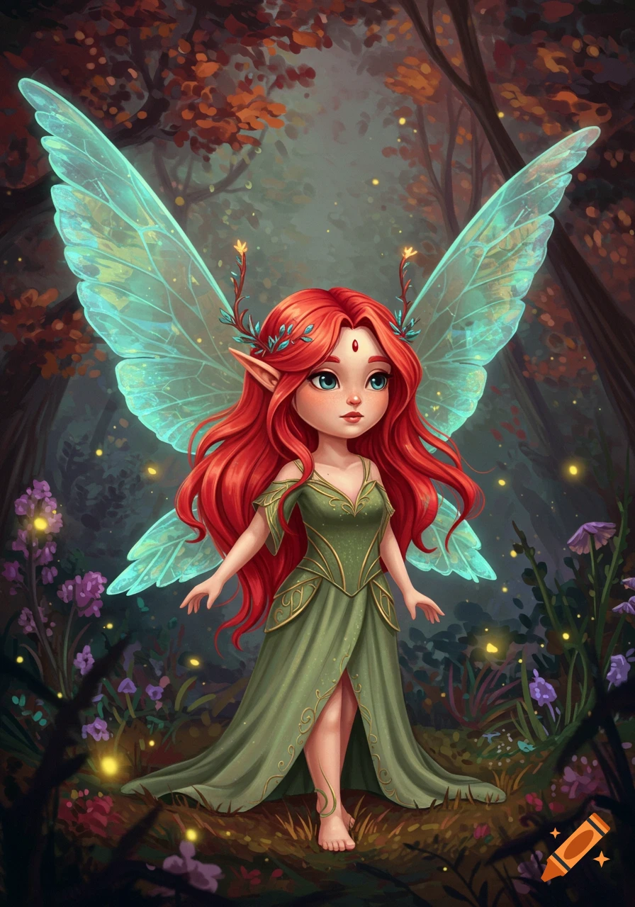 A cute red-haired fairy with large blue wings, a green dress, and small antlers stands in a magical autumn forest.