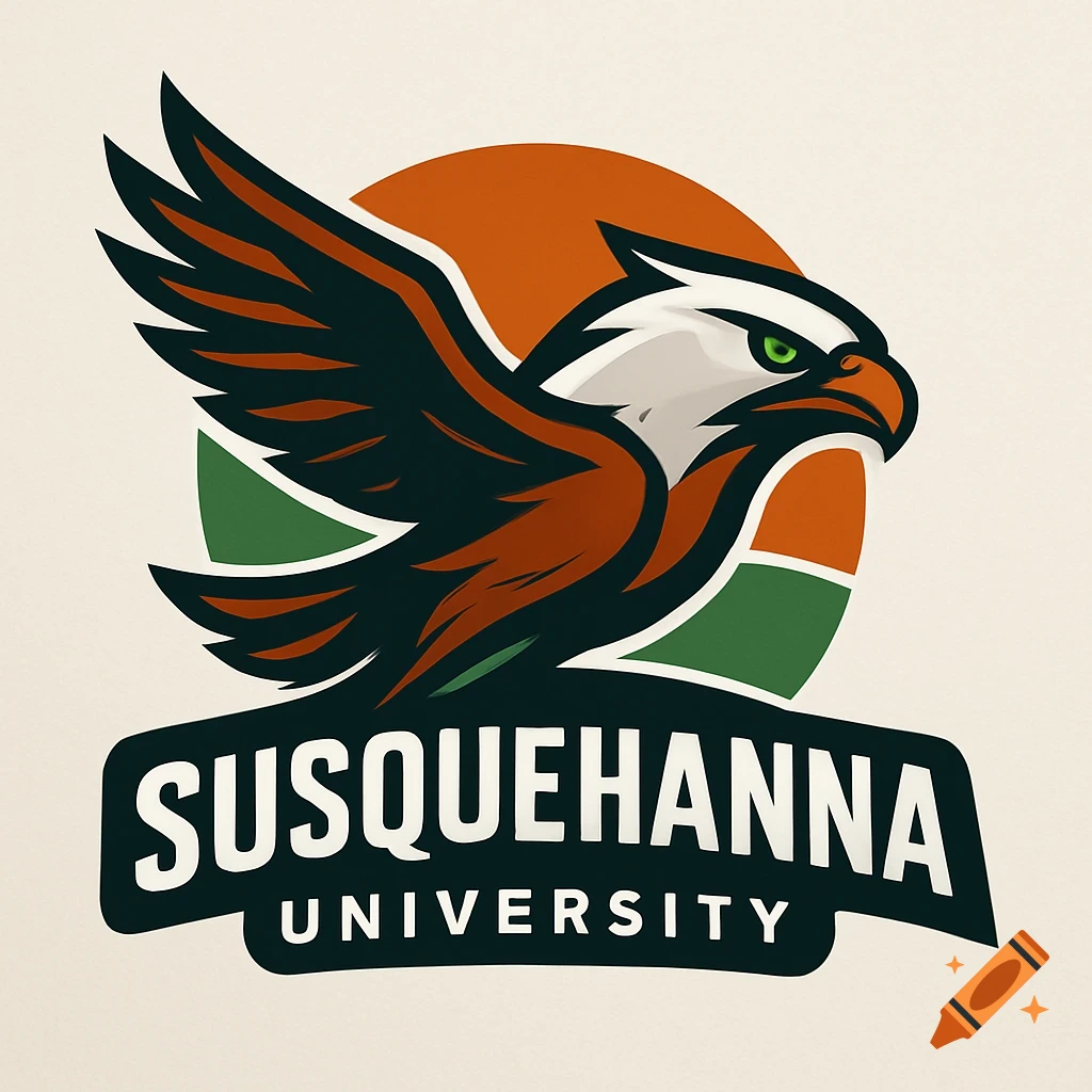 A modern logo featuring a stylized eagle flying over an orange and green background with the words SUSQUEHANNA UNIVERSITY.