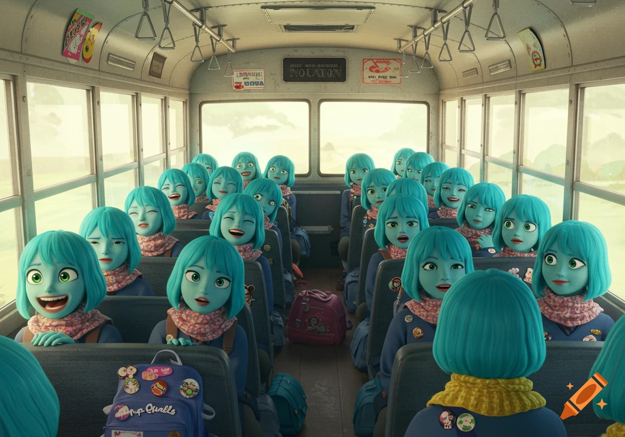 An animated school bus full of identical blue-skinned, blue-haired cartoon characters, some smiling, some winking, some with open mouths.