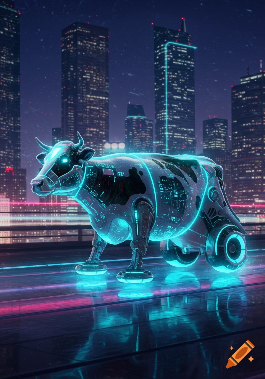 A neon-lit futuristic robotic cow stands on a city street at night with glowing skyscrapers in the background.