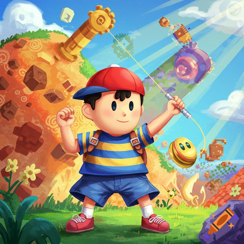 Ness from Earthbound, a boy in a red cap and striped shirt, plays with a yellow yo-yo in a bright, whimsical landscape with pixelated elements.