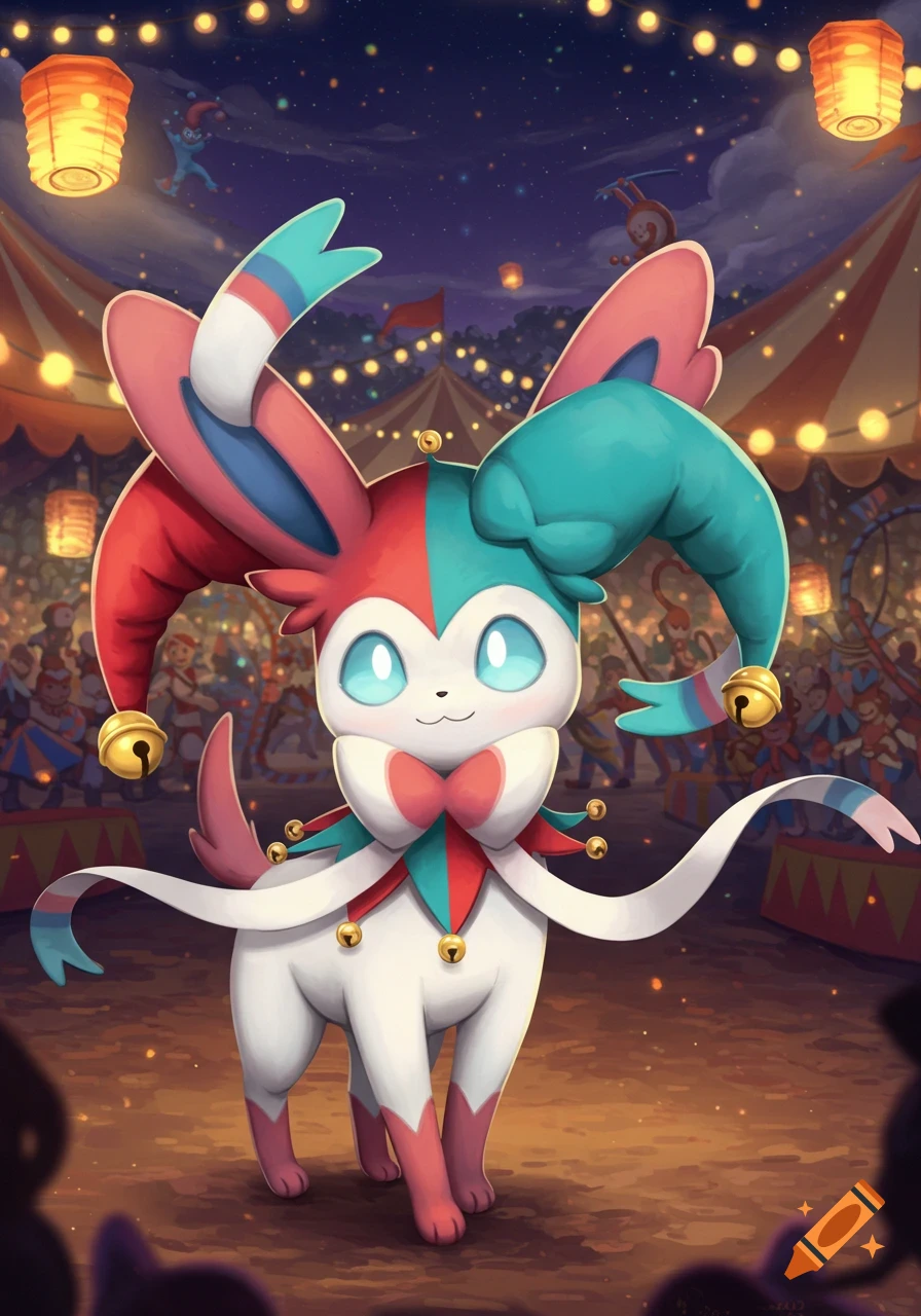 A cute Sylveon Pokémon in a jester outfit stands in a vibrant, illuminated circus setting at night.