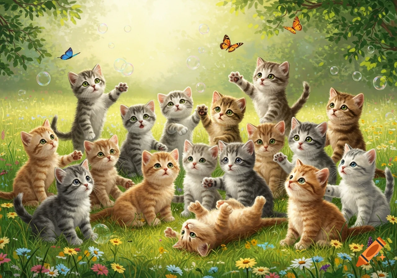 Numerous cute kittens playing in a sunny green meadow with wildflowers, butterflies, and bubbles.