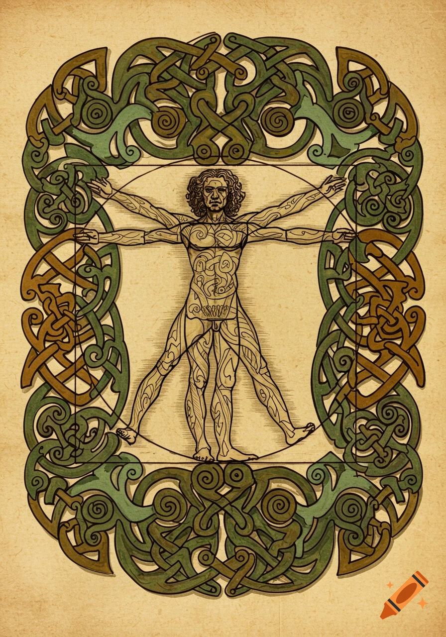 Stylized Vitruvian Man figure outlined in lines, surrounded by intricate green and brown Celtic knotwork and spiral patterns on aged parchment.