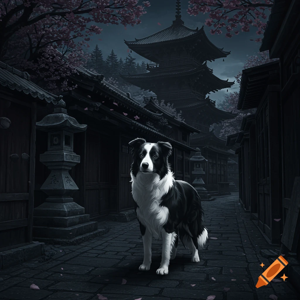 Black and white Border Collie stands in a dark, ancient Japanese street with a pagoda and cherry blossoms at night, in an anime style.