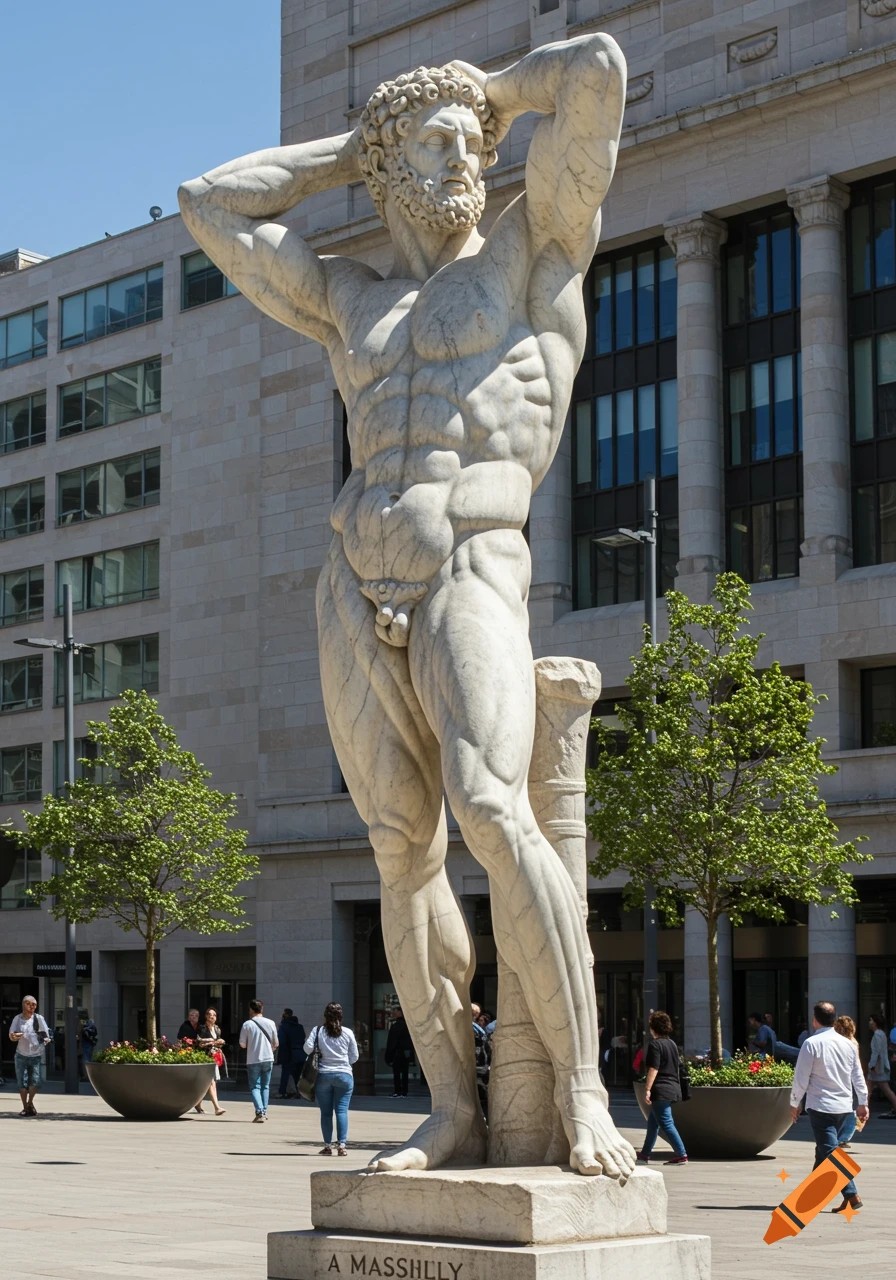 Photorealistic white marble statue of a muscular man in a sunny urban square with buildings and people in the background.