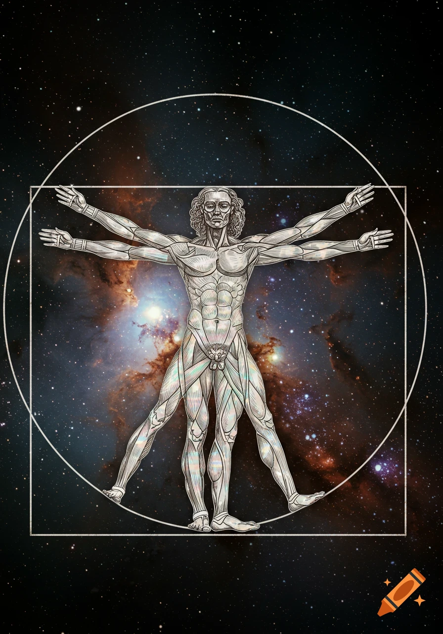 A detailed line drawing of the Vitruvian Man, a male figure with outstretched limbs inscribed in a circle and square, set against a cosmic galaxy background.
