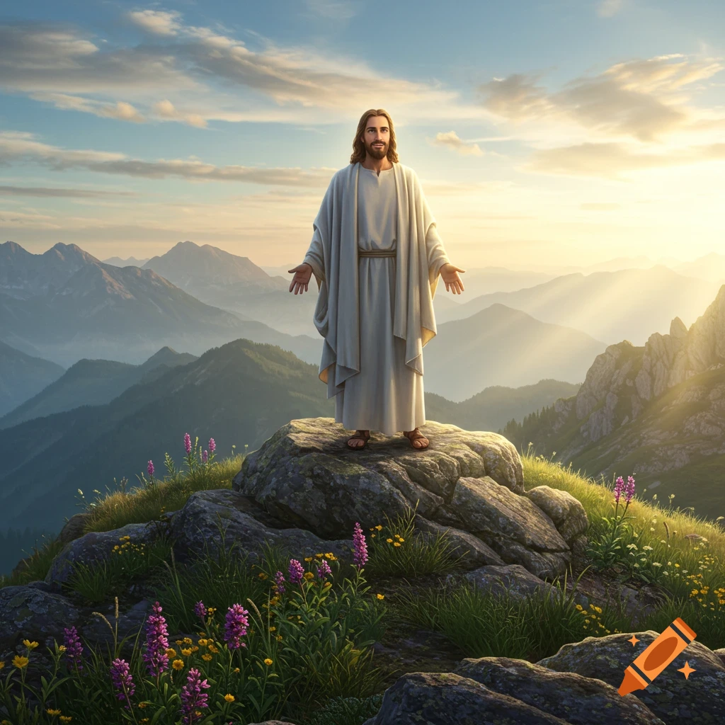 Photorealistic image of Jesus standing on a rocky mountain overlooking a vast range at sunrise, arms outstretched.