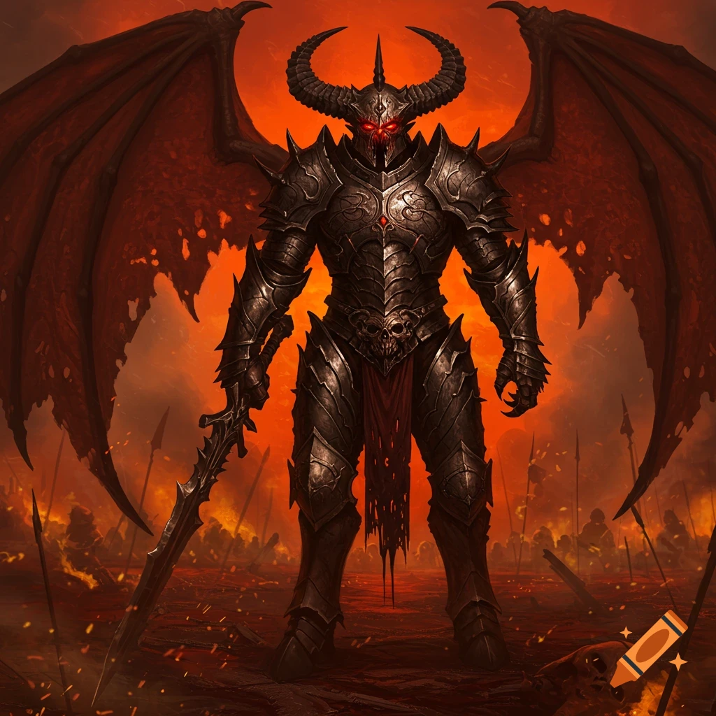 A formidable armored demon with large wings and horns stands menacingly on a fiery battlefield, holding a sword, in dark fantasy art.