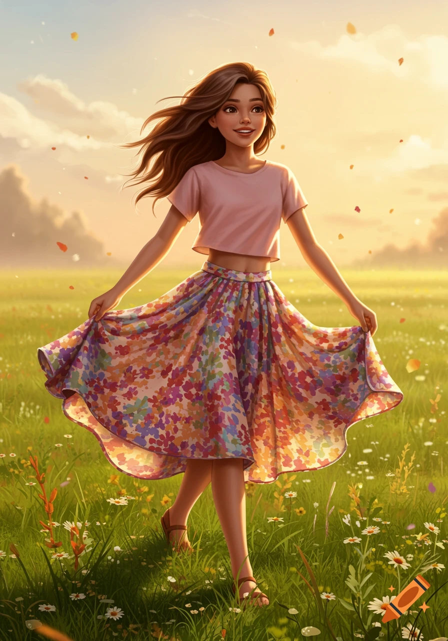 A smiling cartoon girl with long brown hair, wearing a pink crop top and a colorful floral skirt, walks through a sunlit field.