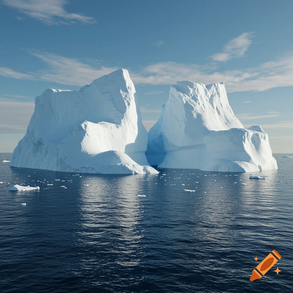 A photorealistic image of a gigantic iceberg split into two, floating in a deep blue ocean under a light blue sky with wispy clouds.