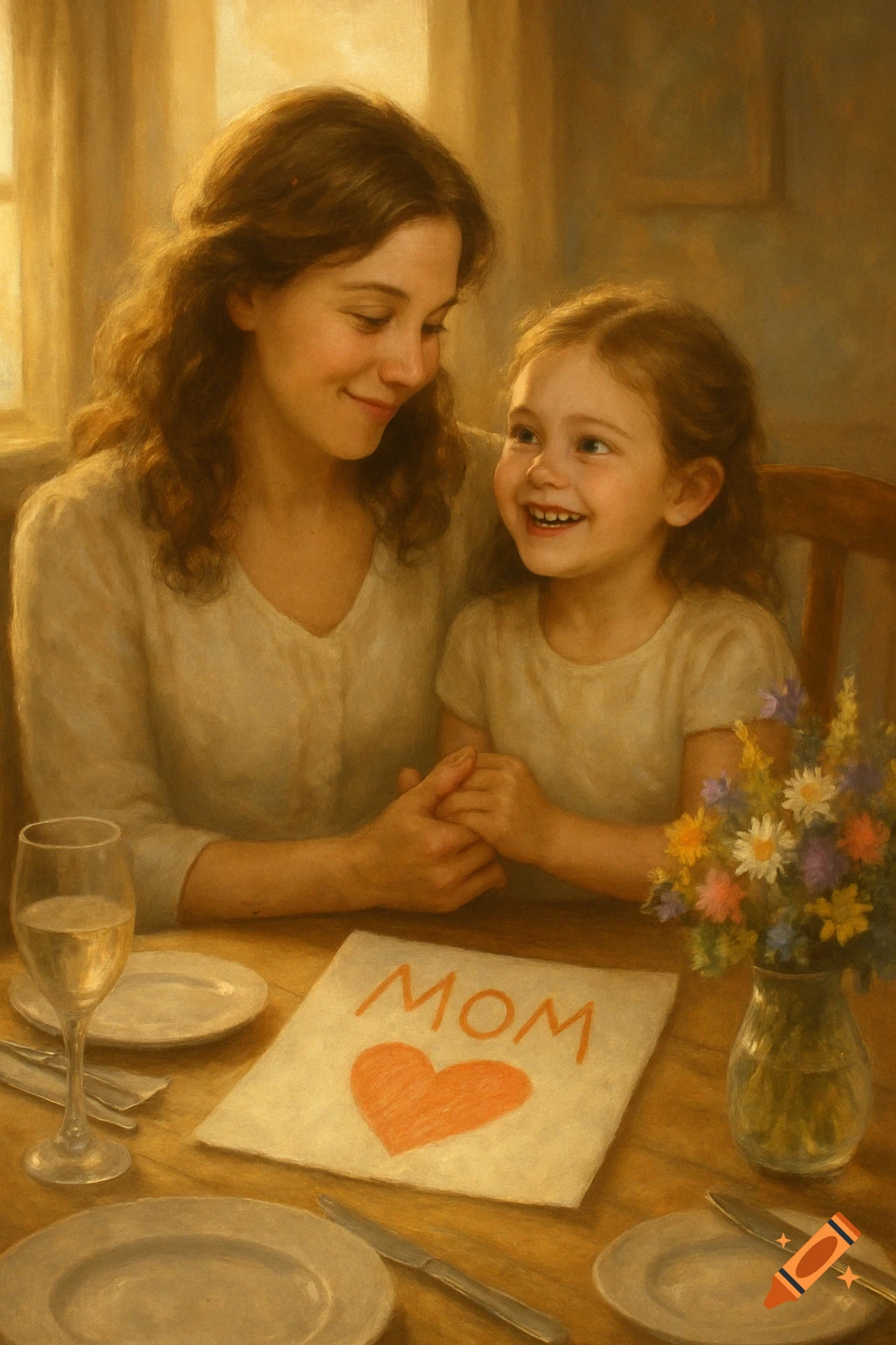 Mother and daughter holding hands at a table, smiling. A paper reads 'MOM' with a heart, beside plates and flowers, in a warm painterly style.