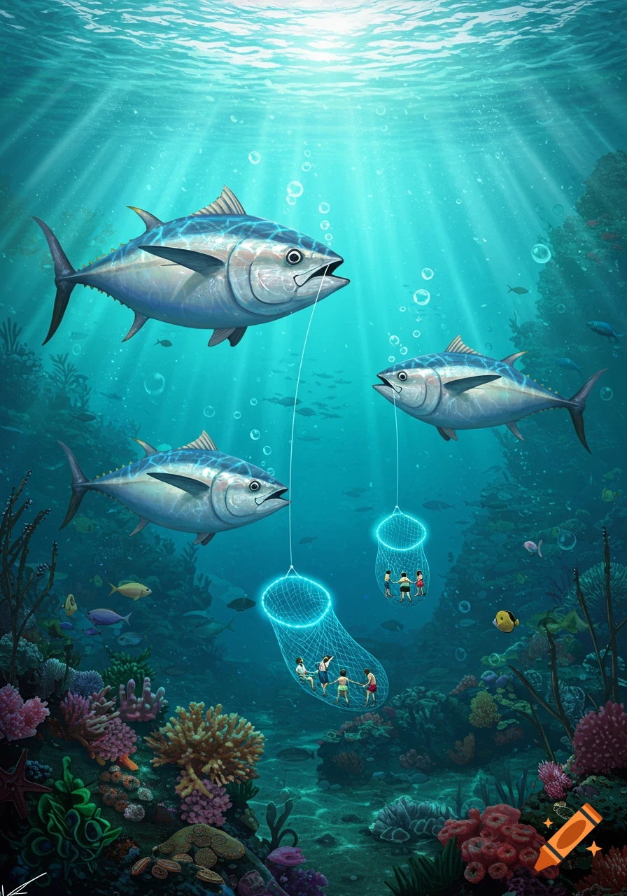 Vibrant illustration of three large tuna fish fishing for small humans in nets over a colorful coral reef underwater.