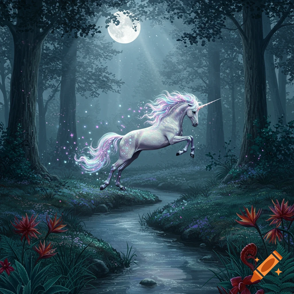 A magical white unicorn with a rainbow mane leaps over a moonlit river in an enchanted forest.