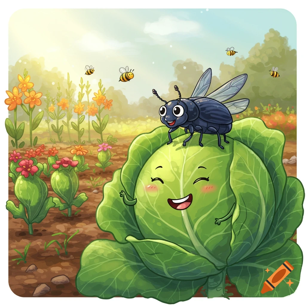 A cheerful cartoon cabbage with a smiling beetle on its head in a bright garden filled with flowers and flying bees.