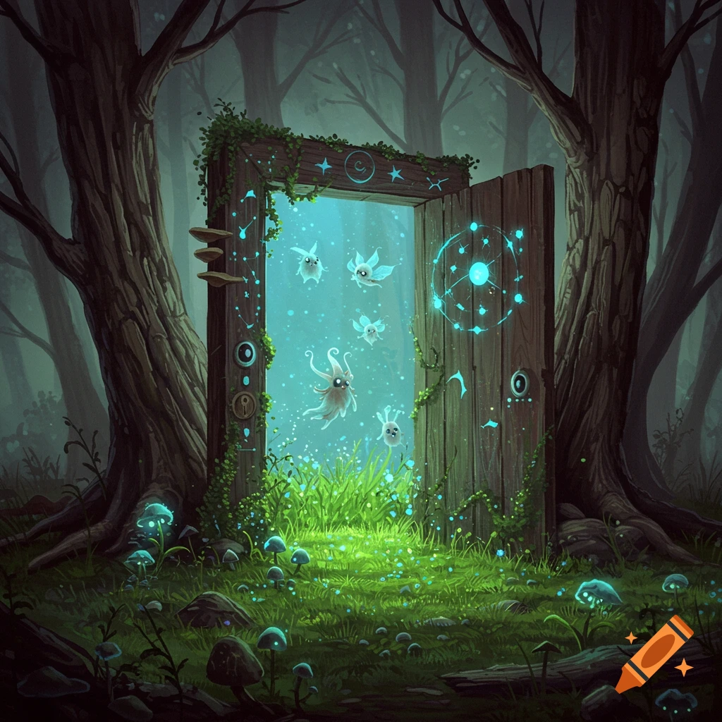A magical glowing portal in an enchanted forest, with cute ethereal creatures flying out amidst glowing plants and mushrooms.