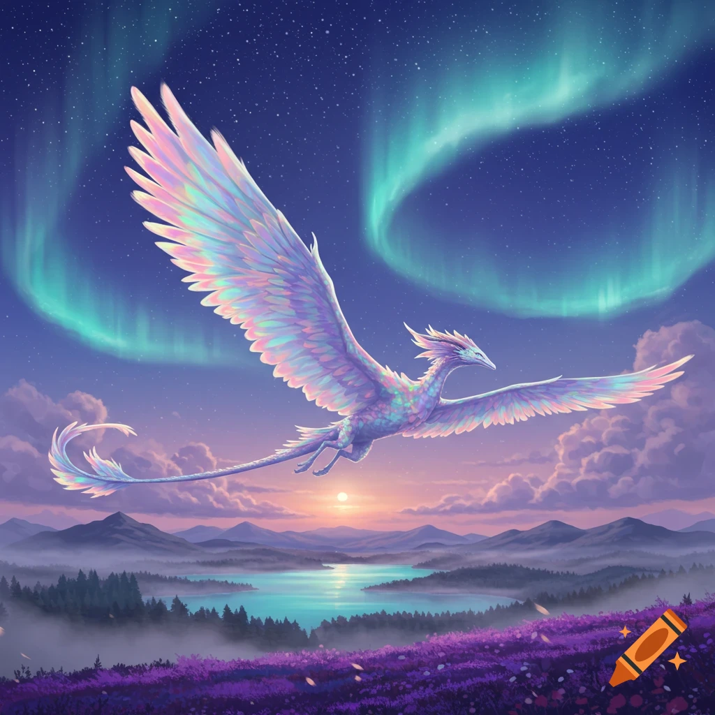 An iridescent dragon flies above a purple flower field, lake, and mountains, under a starry sky with aurora and sunset.