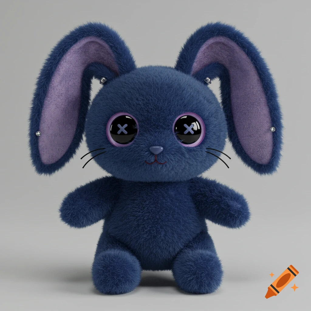 A fluffy dark blue and purple rabbit plushie with button eyes, whiskers, and two silver earrings on each ear.