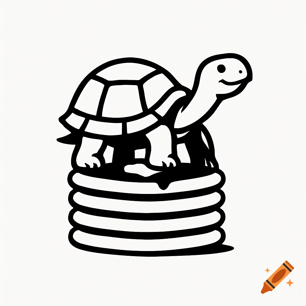 A simple black and white logo of a smiling tortoise standing on a stack of pancakes.