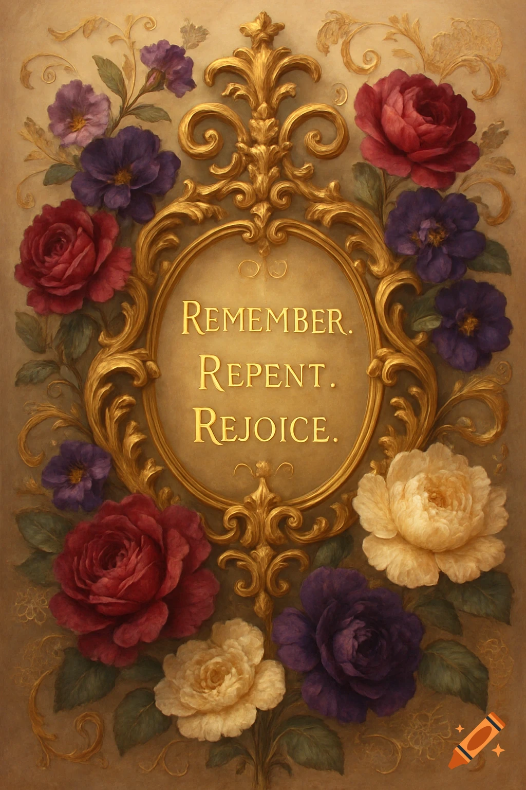 Vintage golden baroque frame surrounded by red, purple, and cream roses, with 'Remember. Repent. Rejoice.' inscribed.