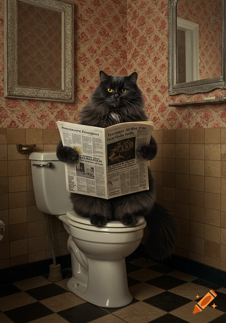 Photorealistic portrait of a fluffy black cat sitting upright on a vintage toilet, reading a newspaper in a quirky bathroom.