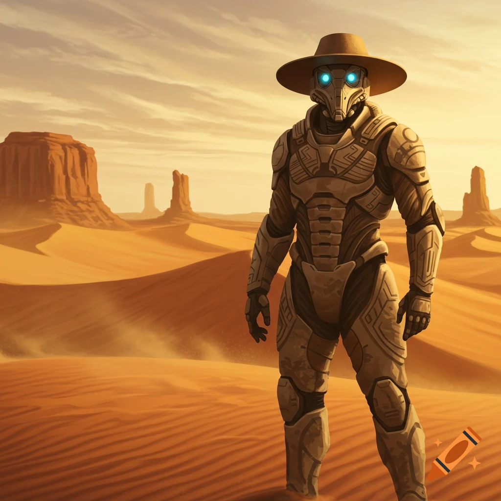 A futuristic armored humanoid in a wide-brimmed hat with glowing blue eyes stands in a vast, sandy desert landscape.
