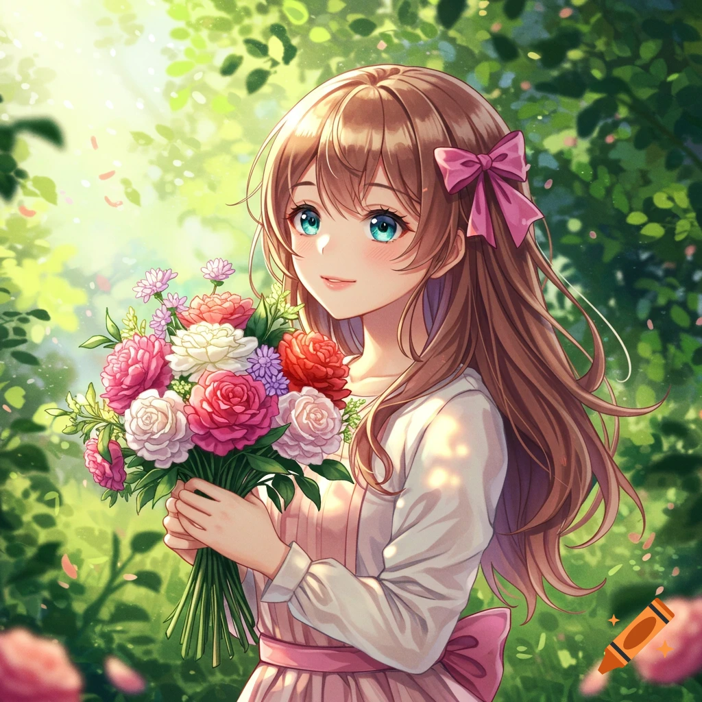 Anime girl with brown hair and a pink bow, holding a bouquet of colorful flowers in a sunlit green garden.