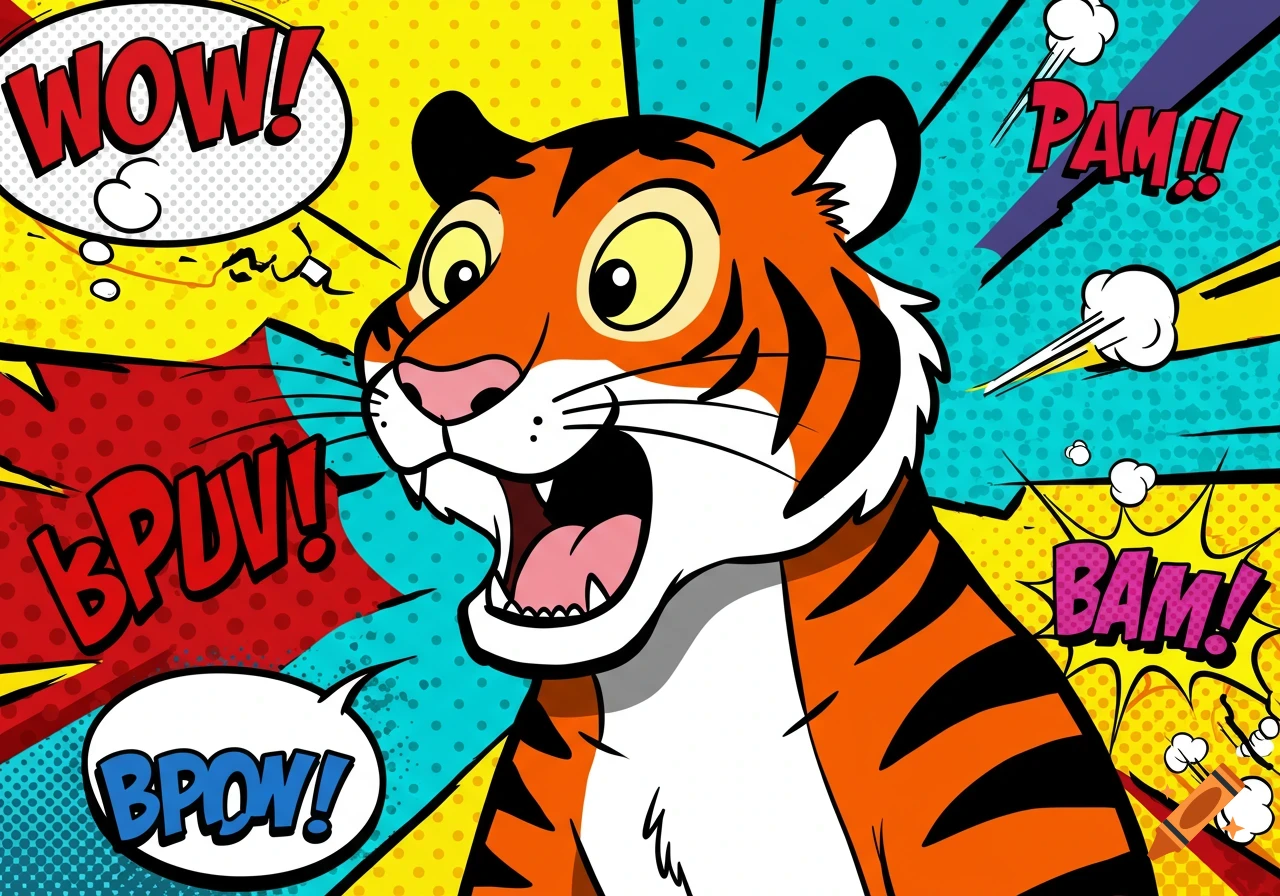 A cartoon tiger with wide eyes and an open mouth, surrounded by colorful pop art comic book style panels with sound effects like "WOW!", "BPUV!", "PAM!!", "BAM!", and "BPOW!".