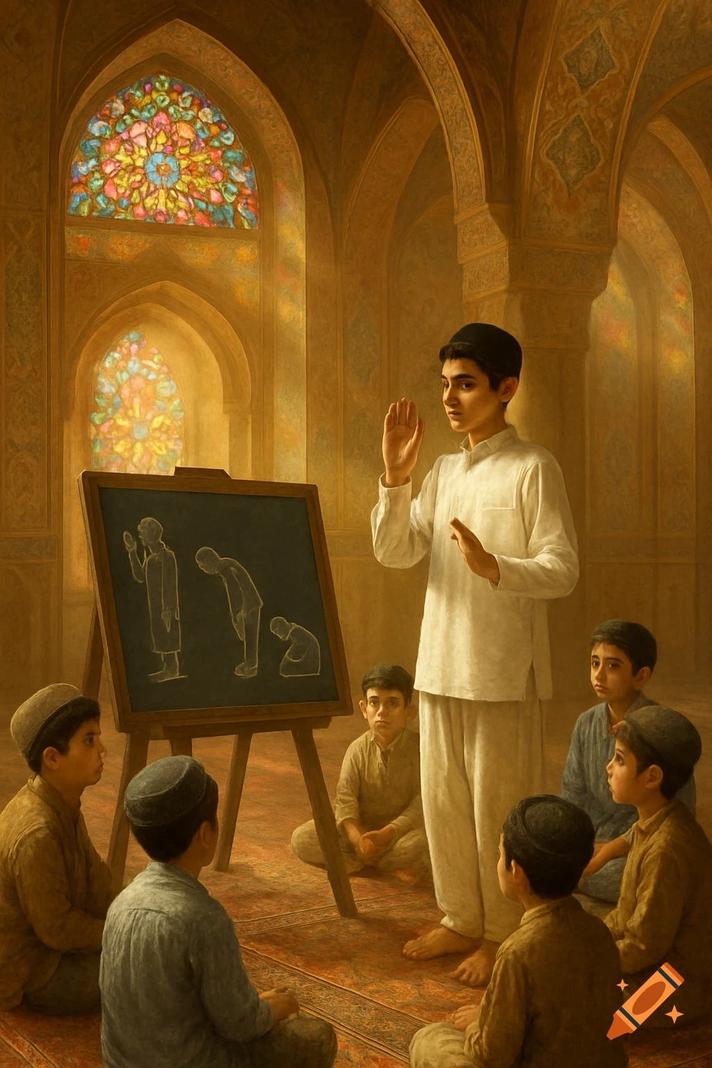A young man teaches several boys about prayer using a blackboard inside a beautifully decorated mosque with stained glass windows.