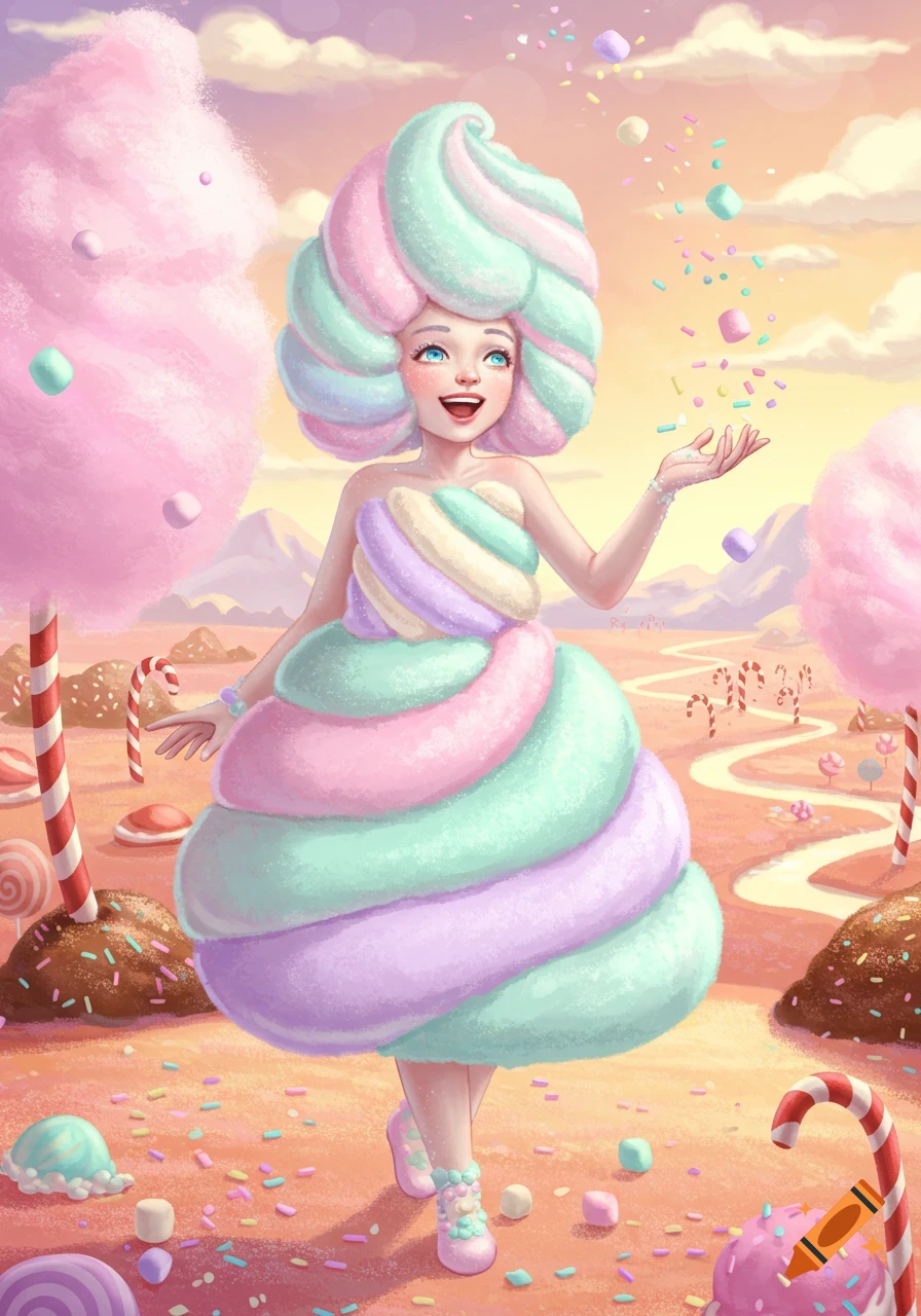 A colorful illustrated girl with cotton candy hair and dress, throwing sprinkles in a vibrant candy land.