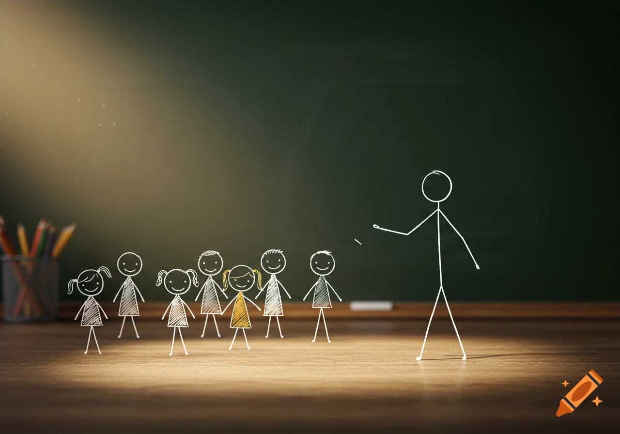 A stick figure teacher stands facing a group of stick figure students in a classroom. A blackboard is behind them and pencils are on a wooden desk.