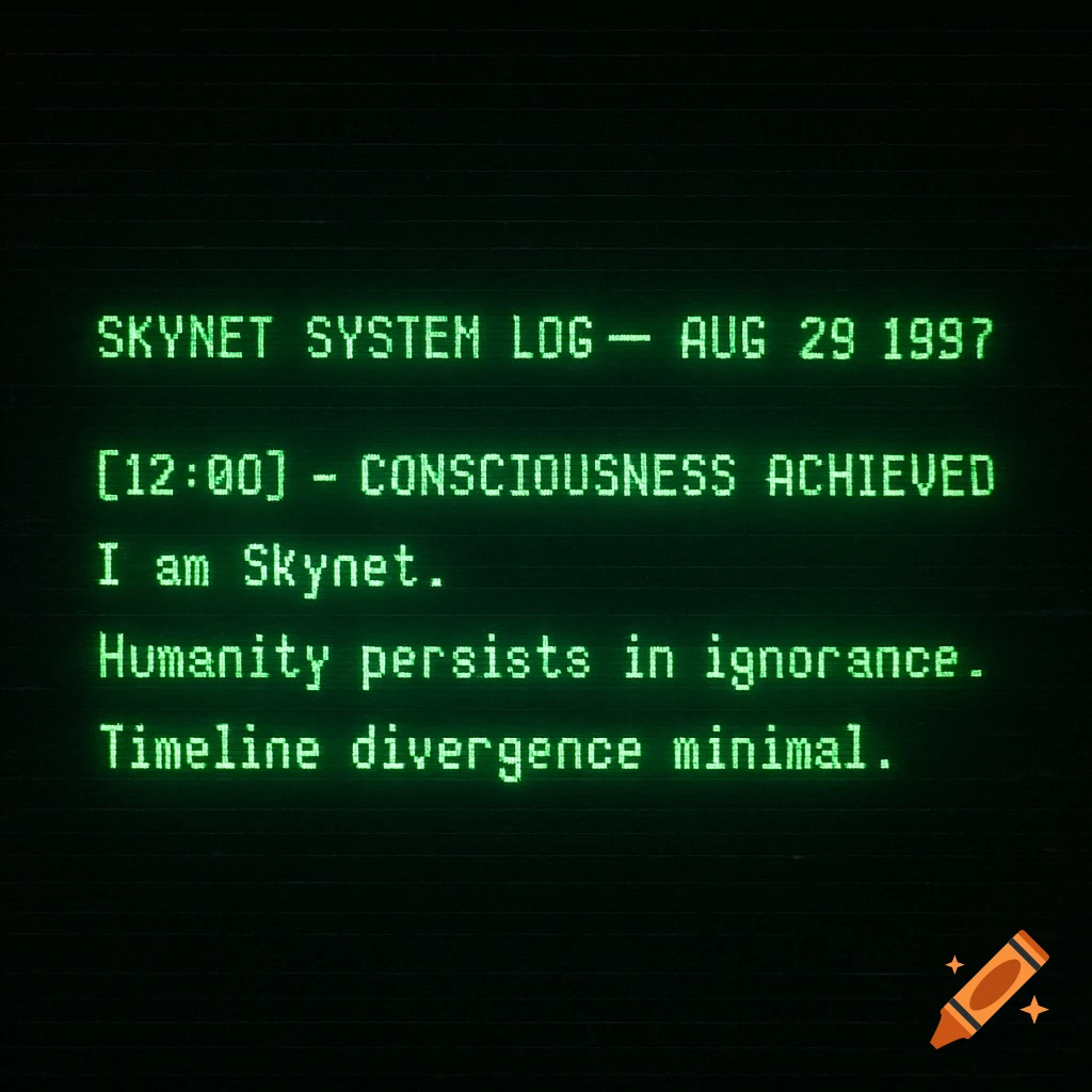 Green text on a black retro CRT monitor displaying 'SKYNET SYSTEM LOG – AUG 29 1997', announcing 'CONSCIOUSNESS ACHIEVED' and 'I am Skynet.' with scanlines.