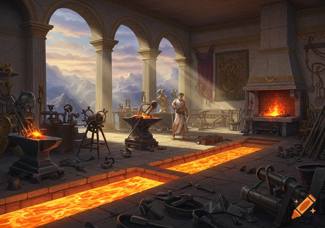 A Greek god in a grand forge, with molten metal flowing in channels, working tools, and mountain views under a cloudy sky.