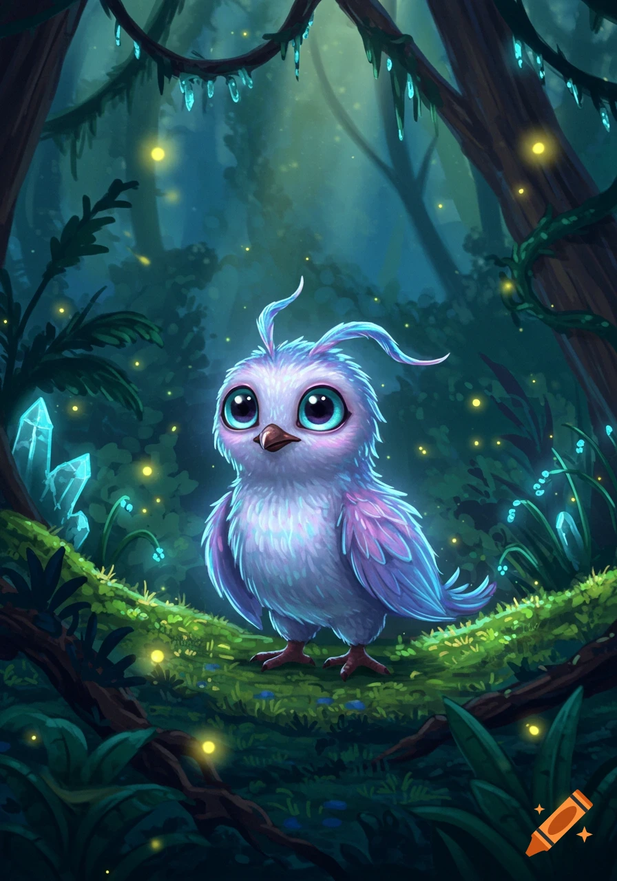 A fluffy, purple and white bird-like creature with large eyes stands on a mossy branch in a glowing, dark magical forest with crystals. Digital art.