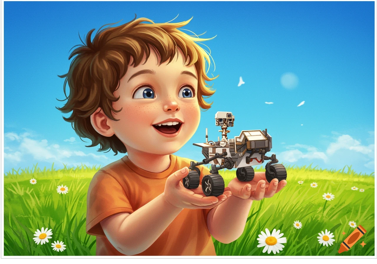 A smiling young boy with brown hair and blue eyes holds a toy Mars rover in a sunny, green field with daisies, in a bright cartoon illustration style.