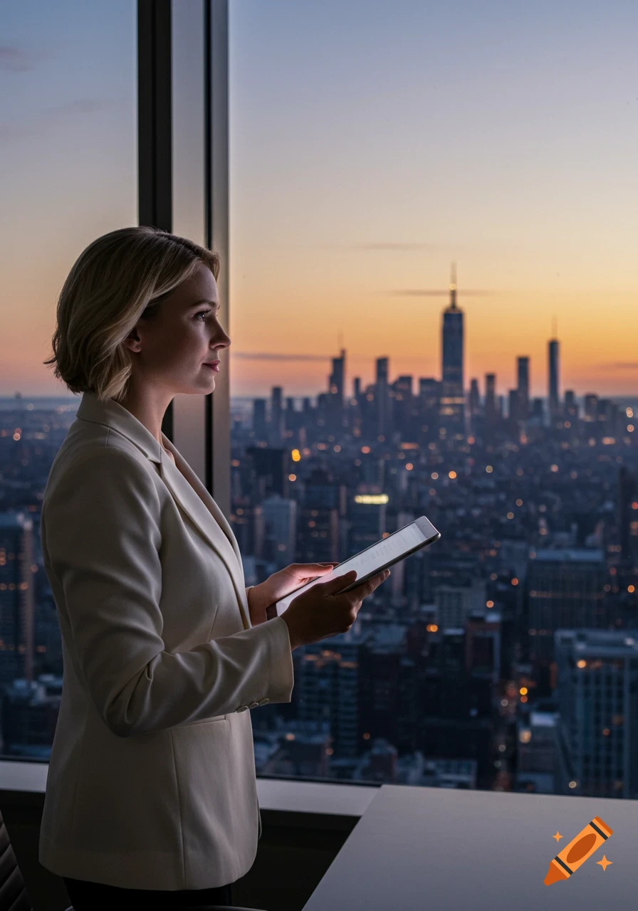 Photorealistic image of a blonde businesswoman in an ivory blazer holding a tablet, looking out a high-rise office window at a city skyline at dusk.