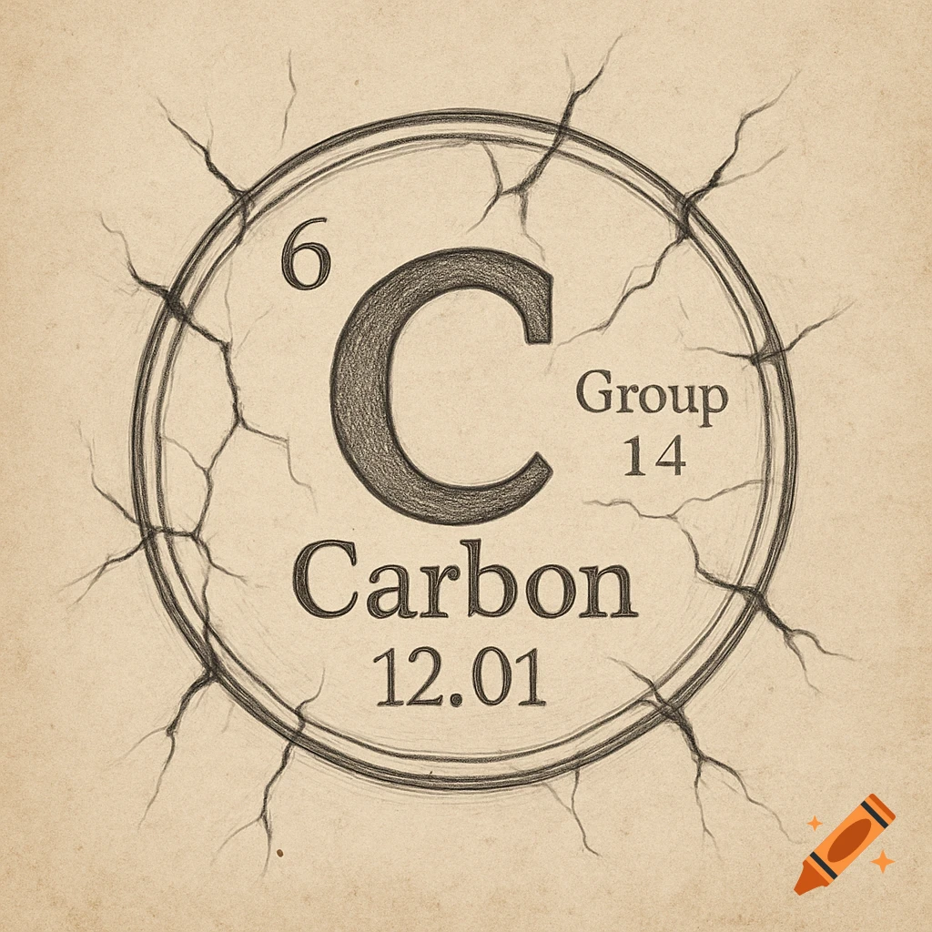Pencil sketch of the Carbon element symbol C with atomic number 6, mass 12.01, and Group 14, on cracked, aged paper.