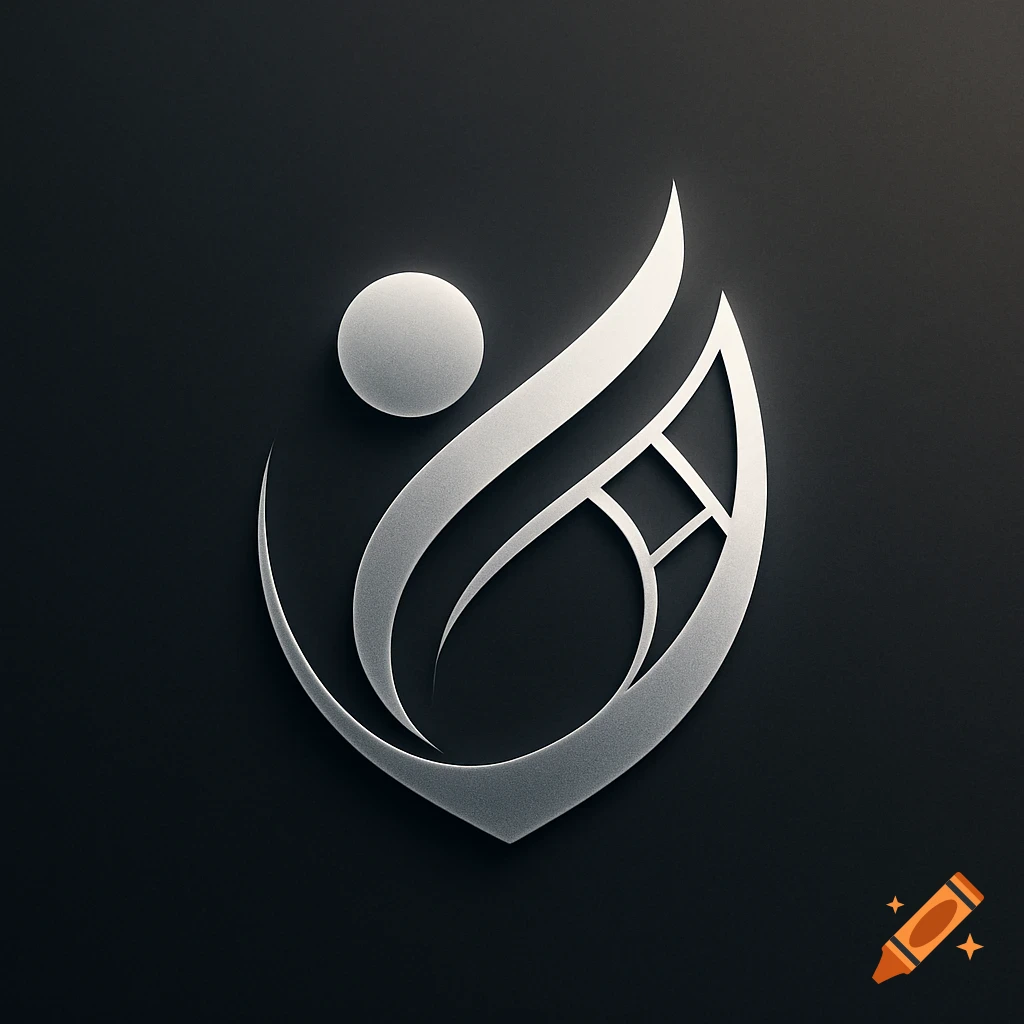 A stylized silver abstract logo resembling a leaf or flame with a circular element, set against a dark gray background.