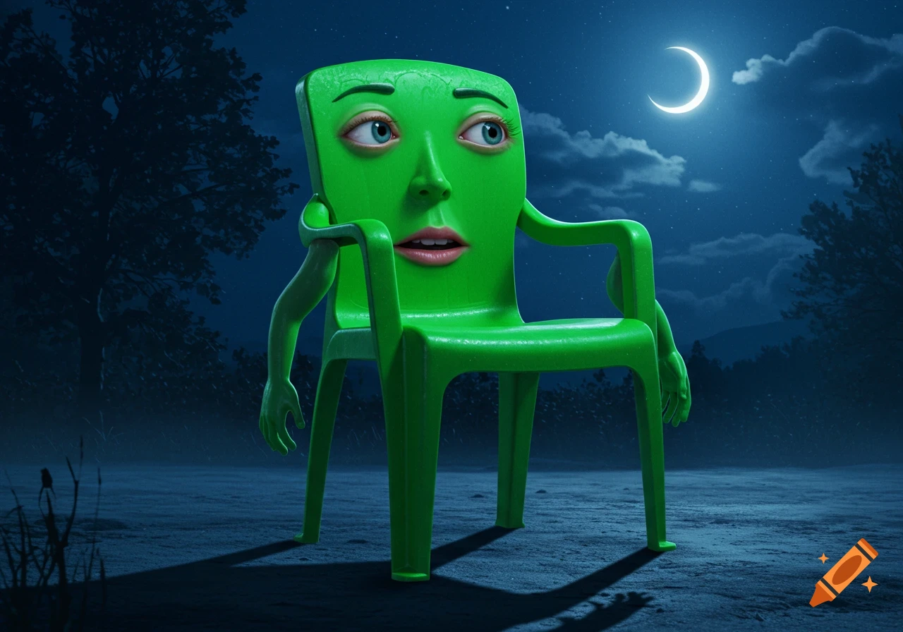 A surreal green plastic chair with a human face, arms, and hands sits outdoors at night under a crescent moon.