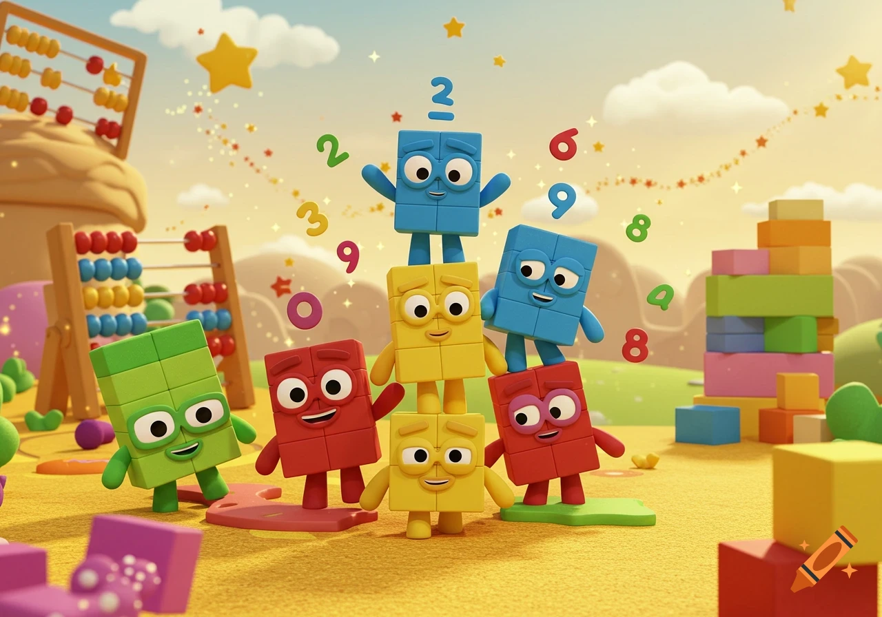 Colorful 3D cartoon Numberblocks characters play in a sunny landscape with an abacus and floating numbers.