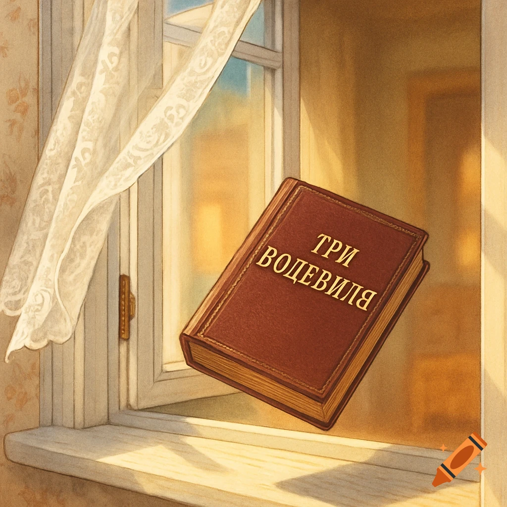An illustrated brown book with gold text 'Три Водевиля' (Three Vaudevilles) floats out of an open window with lace curtains.